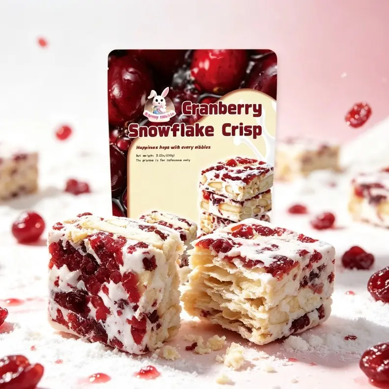 1 Pack Cranberry Snowflake Crisp Milk Nougat Pastry - Low Sodium Snacks, Chewy Cranberry Nut Candy, Individually Packed Room Temp Treats for Party & Travel, Perfect Gift storage shelf life, Individual Packs festival cake bars breakfast