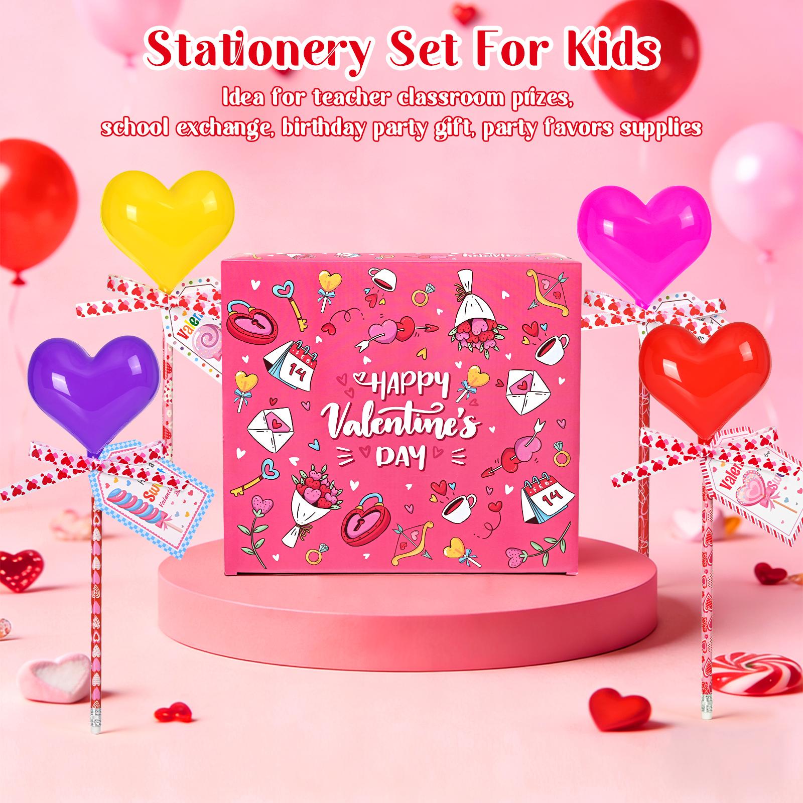 30 Pack Valentines Day Gifts for Kids - Glowing Heart Lollipop-Shaped Stationery Set with Valentine's Cards for School Classroom Class Party Favor Classroom School Exchange Birthday Party Gift