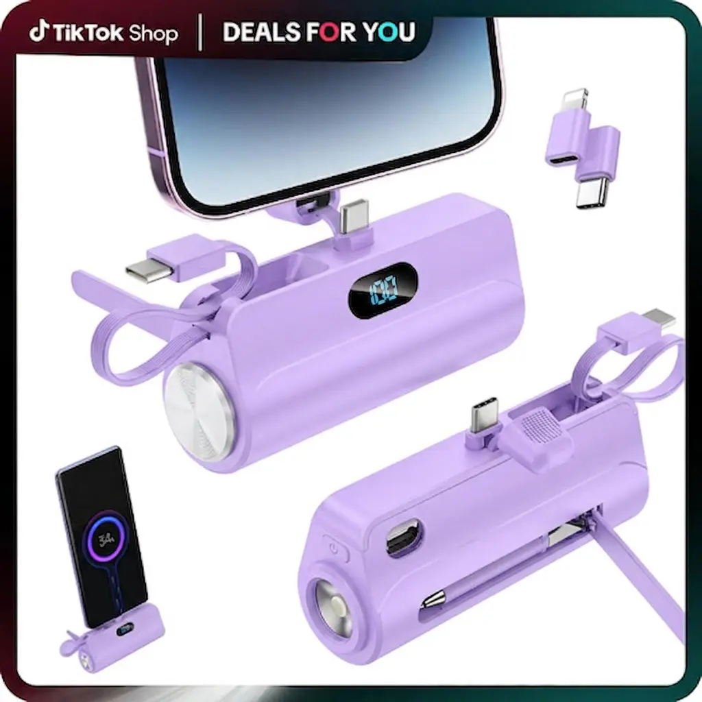 6500mAh Mini Portable Charger - 22.5W Fast Charging Power Bank with Digital Screen, Built-in Phone Holder, Flashlight, USB-C + Lightning Adapter for iPhone 16/15/14 & Android Phones, Fast Power Banks,back to school,back to school haul