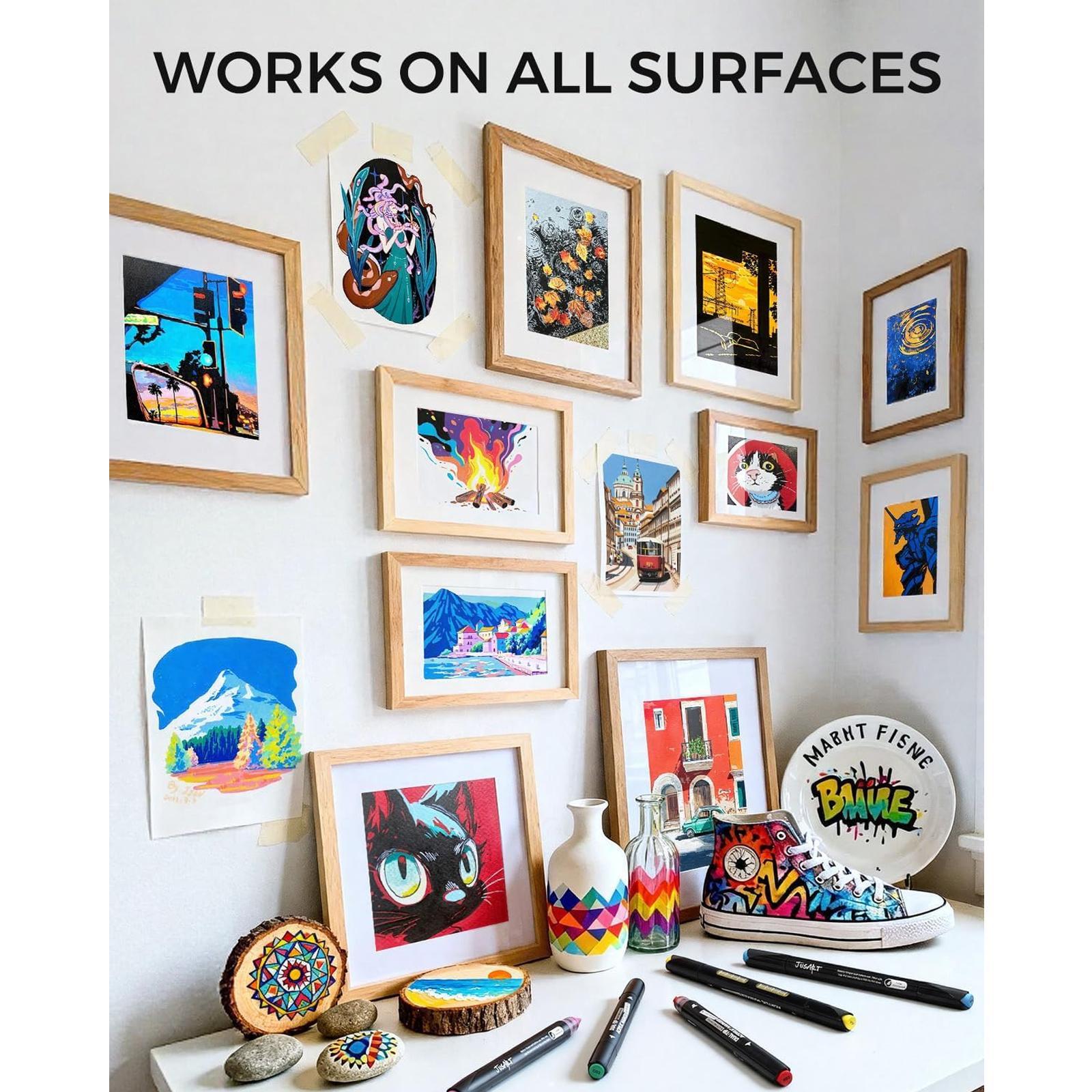 JusArt 36/60 Colors Automatic Ink Control Acrylic Paint Markers Dual Tip with Broad Tip and Brush Tip Pens for Ceramic, Wood, Canvas, Glass, Stone, Fabric, Rock Painting, DIY Crafts Art Supplies Kit