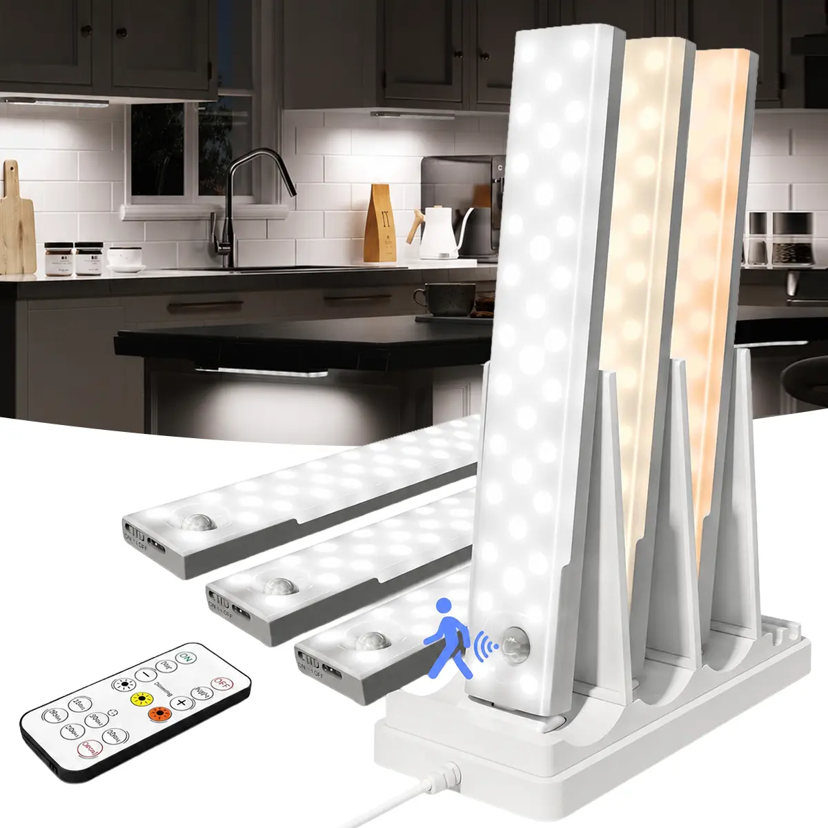 EZVALO Under Cabinet Lights with Charging Station, 2000mAh Rechargeable Motion Sensor Light Indoor, 3 Color Temps, Remote Control, Timer, Dimmable Wireless Closet Lighting for Kitchen, Wardrobe, Pantry, Dorm, No Drilling, Renter-Friendly, Back to School