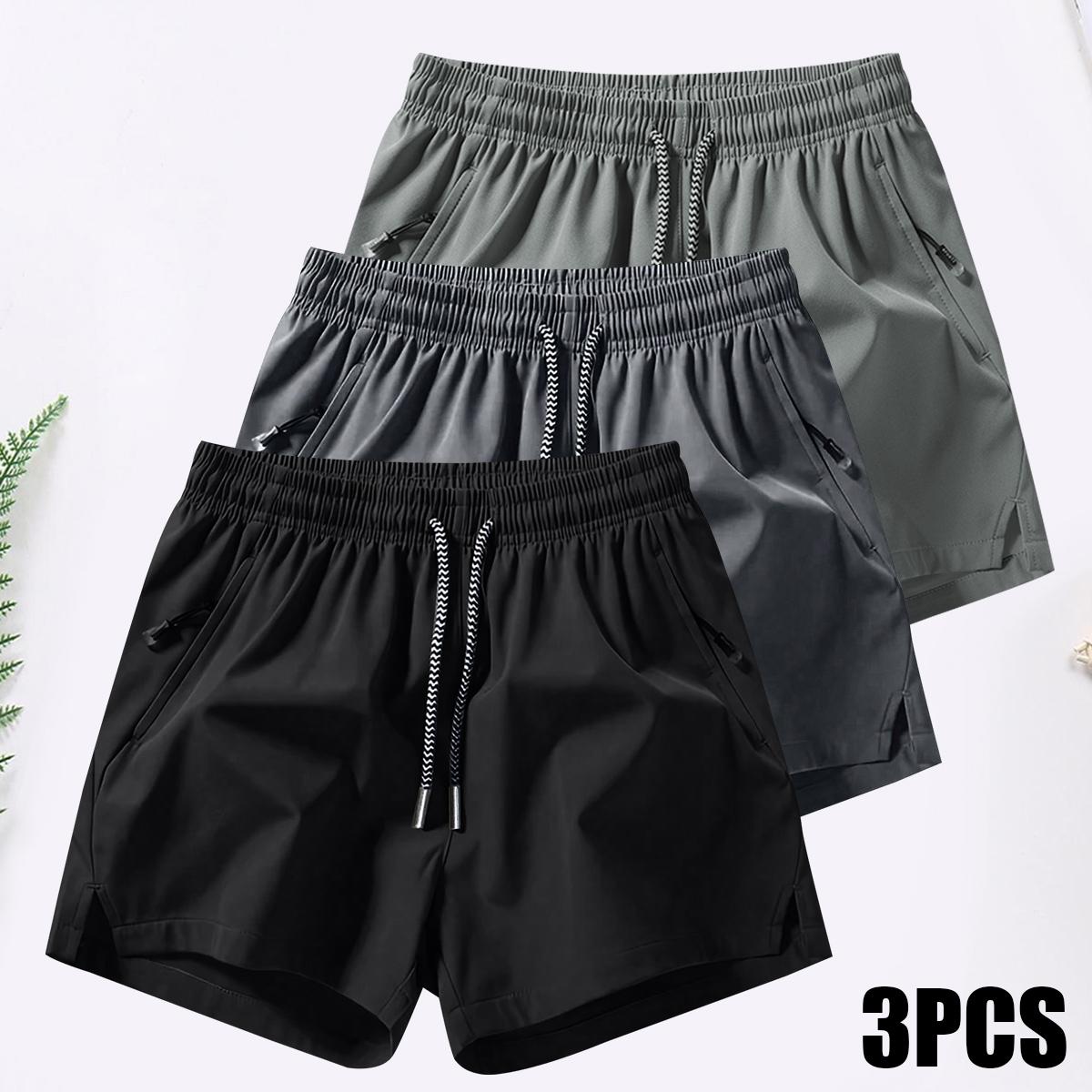 Men's 3PCS Plain Fashion Sports Shorts with Drawstring & Zipper Pockets for Summer Training Daily Wear Lightweight Breathable Workout Pants for Outdoor Activities