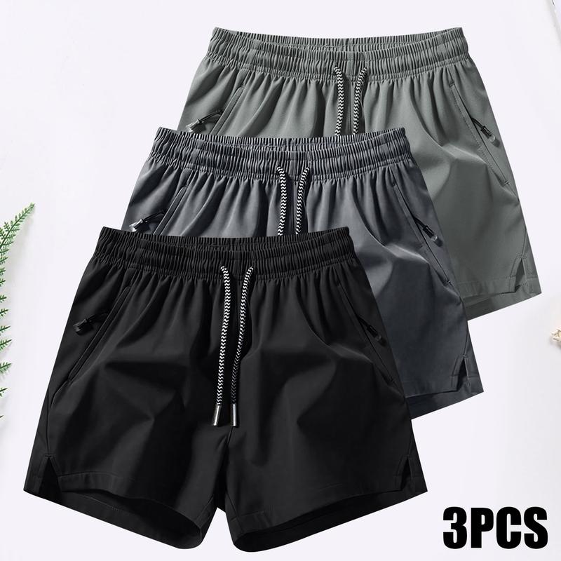Men's 3PCS Plain Fashion Sports Shorts with Drawstring & Zipper Pockets for Summer Training Daily Wear Lightweight Breathable Workout Pants for Outdoor Activities