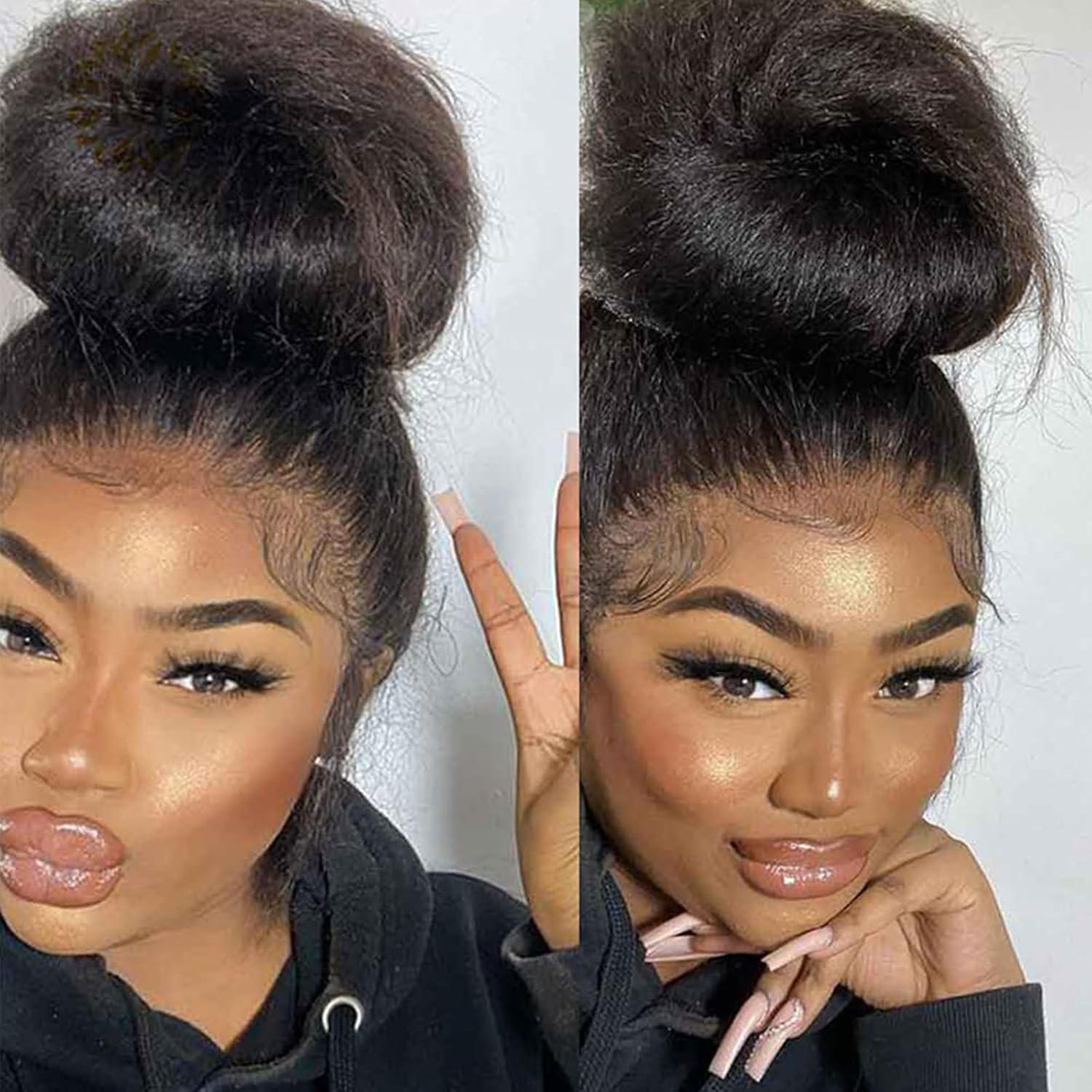 MYLOCKME Women's 360 Glueless Full Lace Wig, 180 Density Brazilian Hair, 32-34 Inch Kinky Yaki Straight, 13x6 HD Lace Frontal, Preplucked Human Hair Wig