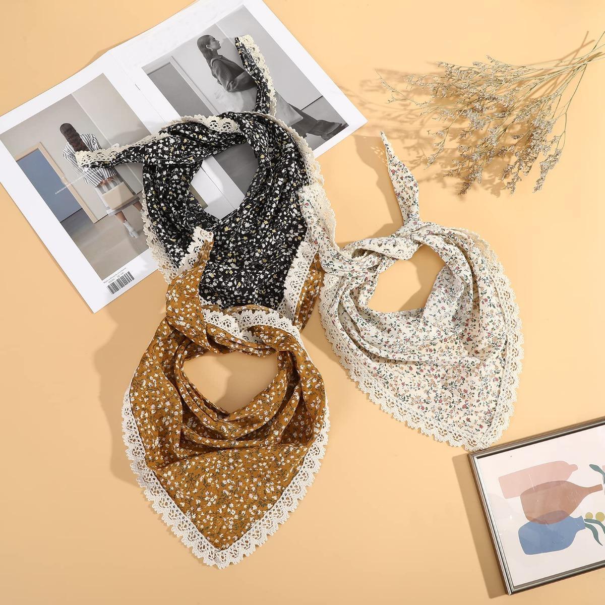 AWAYTR 3Pcs/Set Floral Hair Bandanas Chiffon Head Kerchief for Women Girls Boho Hair Scarf Lace Edge Headband Bandana AWAYTR 3Pcs/Set Floral Hair Bandanas Chiffon Head Kerchief for Women Girls Boho Hair Scarf Lace Edge Headband Bandana