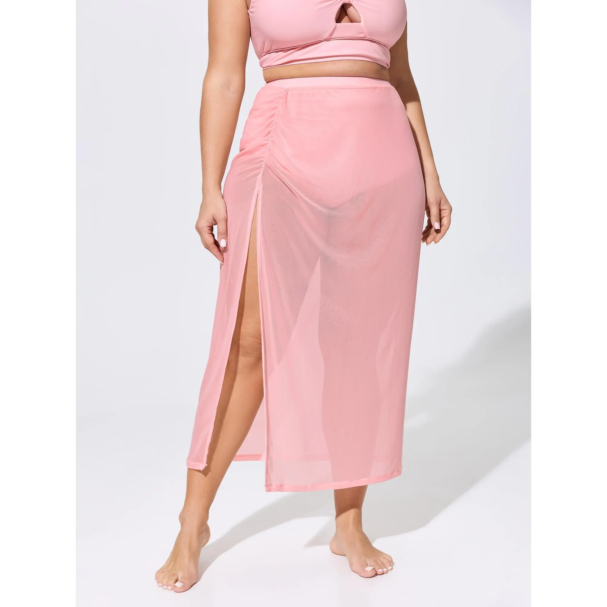 BloomChic Women's Plus Size High-Rise Long Sarong Swim Bottoms - 95% Polyester 5% Elastane, Sheer Mesh Swimsuit Coverups, Tummy Control, Built-In Brief, Elastic Waistband, Chlorine Resistant, Poolside Wear (Cold Wash Recommended)