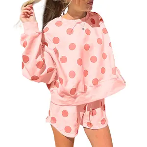 Znacicc Matching Polka Dot Outfit: Women's Beige Drop Shoulder Pullover and Drawstring Shorts Set, Perfect for Cozy Season