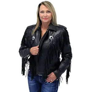Jamin Leather® Women's Long Fringed Motorcycle Jacket SPECIAL #L400FBLSK Black Leather Coats with 8" Fringe Decorative Conchos & Front Pockets