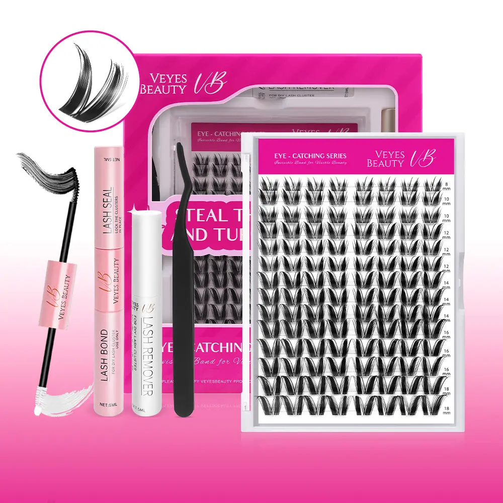 VEYESBEAUTY VB-Bunny Cluster Eyelash Extensions, 100% Handcrafted Extremely Fine Faux Mink Clusters Lashes, Ultra-Thin Invisible Band Curl Style, Light Wispy Mixed Length DIY Set for Home Self-Makeup Application
