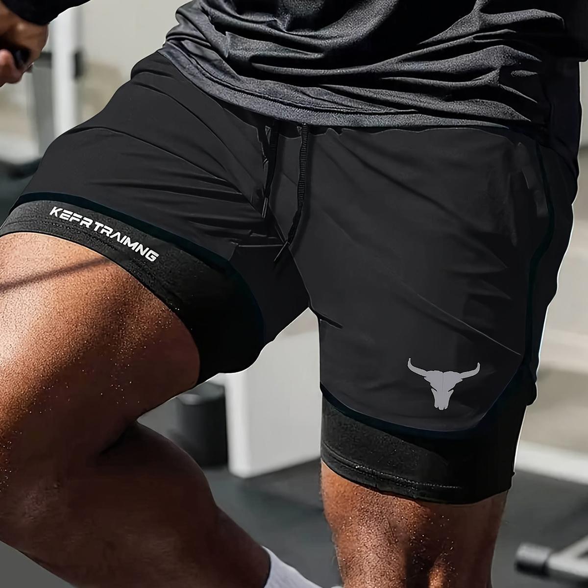 Men'S 2-in-1 Quick-Dry Breathable Training Shorts  - Lightweight Summer Workout Shorts, Regular Fit, Non-Stretch Fabric, Pockets for Gym, Running & Casual Wear, Gym Shorts, Sporty Design, Moisturewicking Fabric  Menswear regular,fit,bull head print