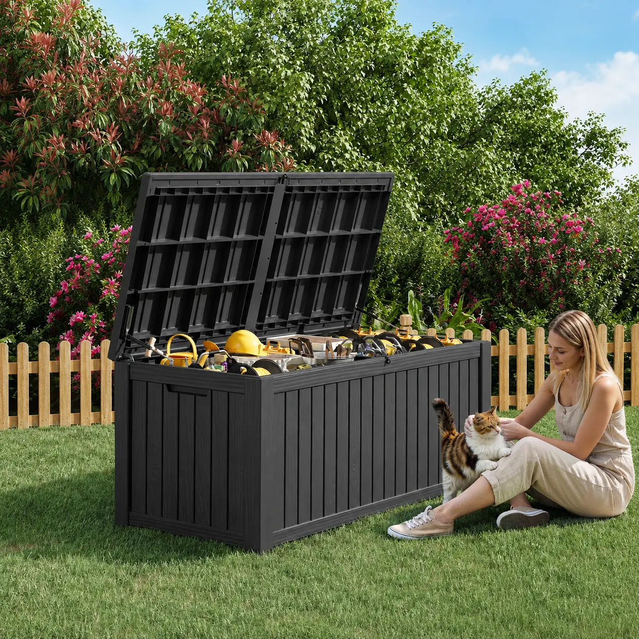 RIWENGO 200 Gal Wood Grain Outdoor Storage Box Stool, Water Resistant Resin Deck Box with Lockable Lid & Convenient Design, Large Patio Storage Chest, Home Outdoor Furniture