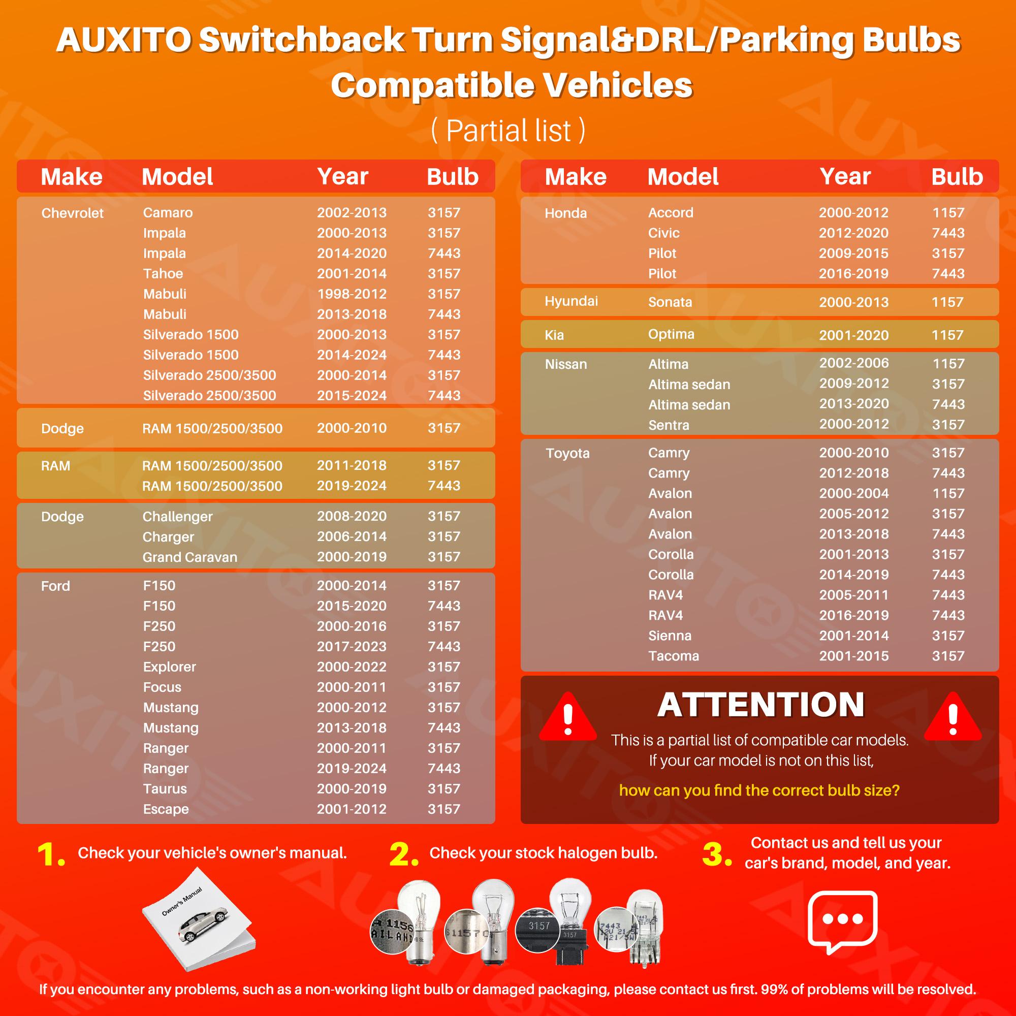 AUXITO Latest CANBUS 7443 3157 1157 Switchback LED Bulbs 7443A 7444NA T20 3057 3457 2357 Dual Color Amber/White Anti Hyper Flash Built-in Resistor Error Free Turn Signal Lights and DRL/Parking Lights, Pack of 2