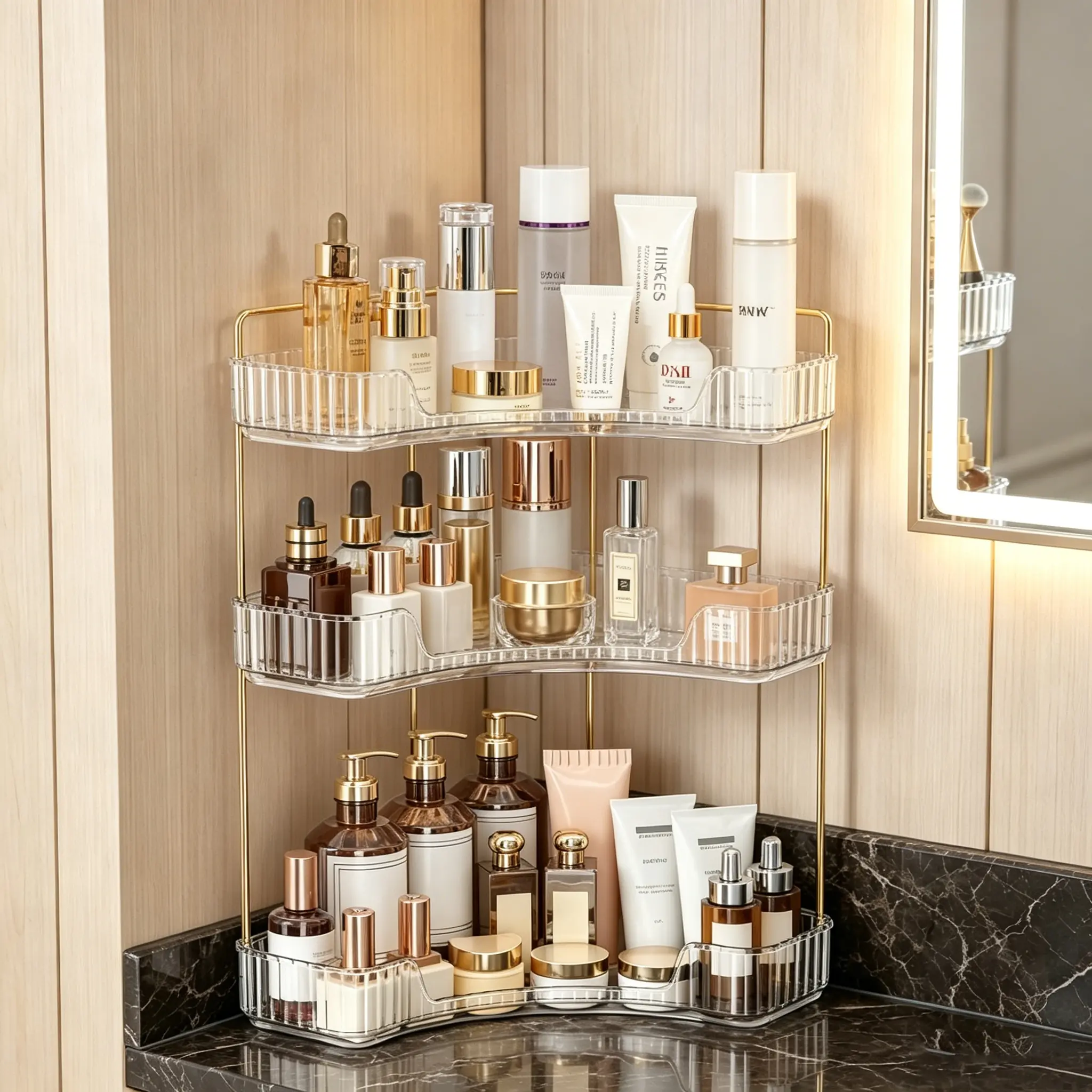 3-Tier Transparent Metal Makeup Organizer with 90-Degree Corner Design, Eco-Friendly Vanity Storage Rack for Skincare & Perfume, Space-Saving Home Bathroom Countertop Organizer Gift for Women