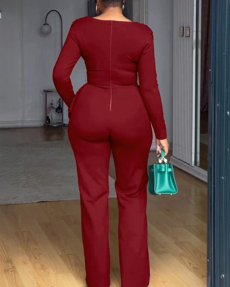 CHICME Cowl Neck Asymmetrical Patchwork Ruched Jumpsuit Wedding Guest Wedding Casual Cinched Waist Zipper Back Straight Leg Jumpsuit