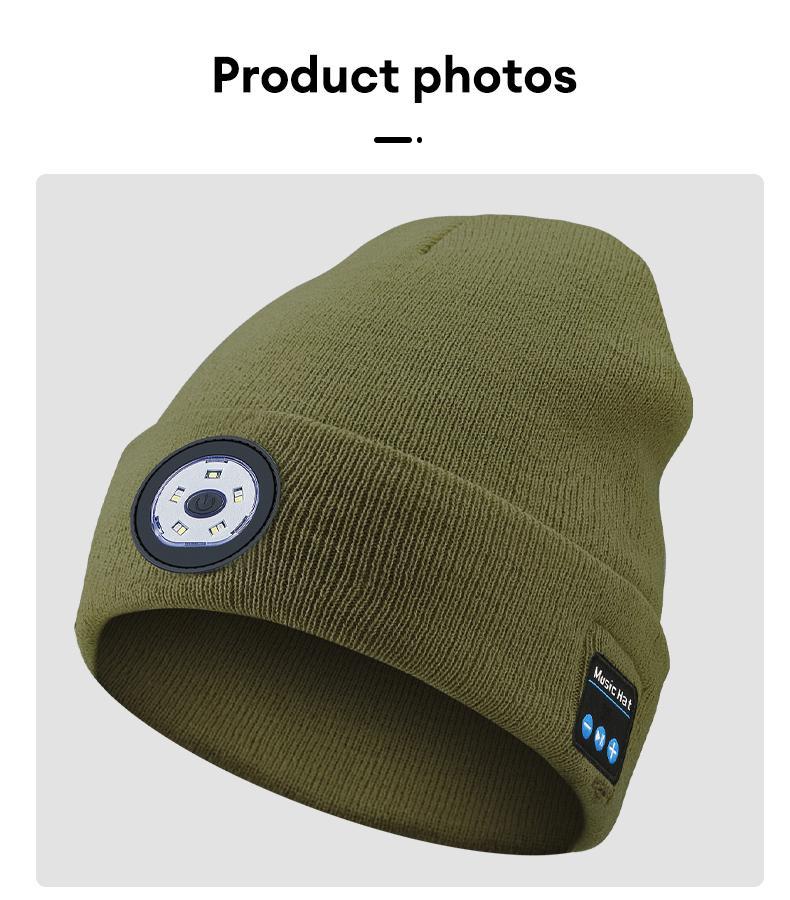 MGALL Bluetooth Beanie with LED Headlight and Removable Speakers, USB Rechargeable Knit warm winter Hat balaclava Hat for Music and Calling, sport,outdoor