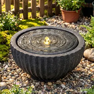 COSTWAY Round Outdoor Water Fountain with 6 LED Lights, Stone Gray Resin Sphere Waterfall Feature with Adjustable Pump, Lighted Bubbling Fountain for Garden Patio Porch Decor