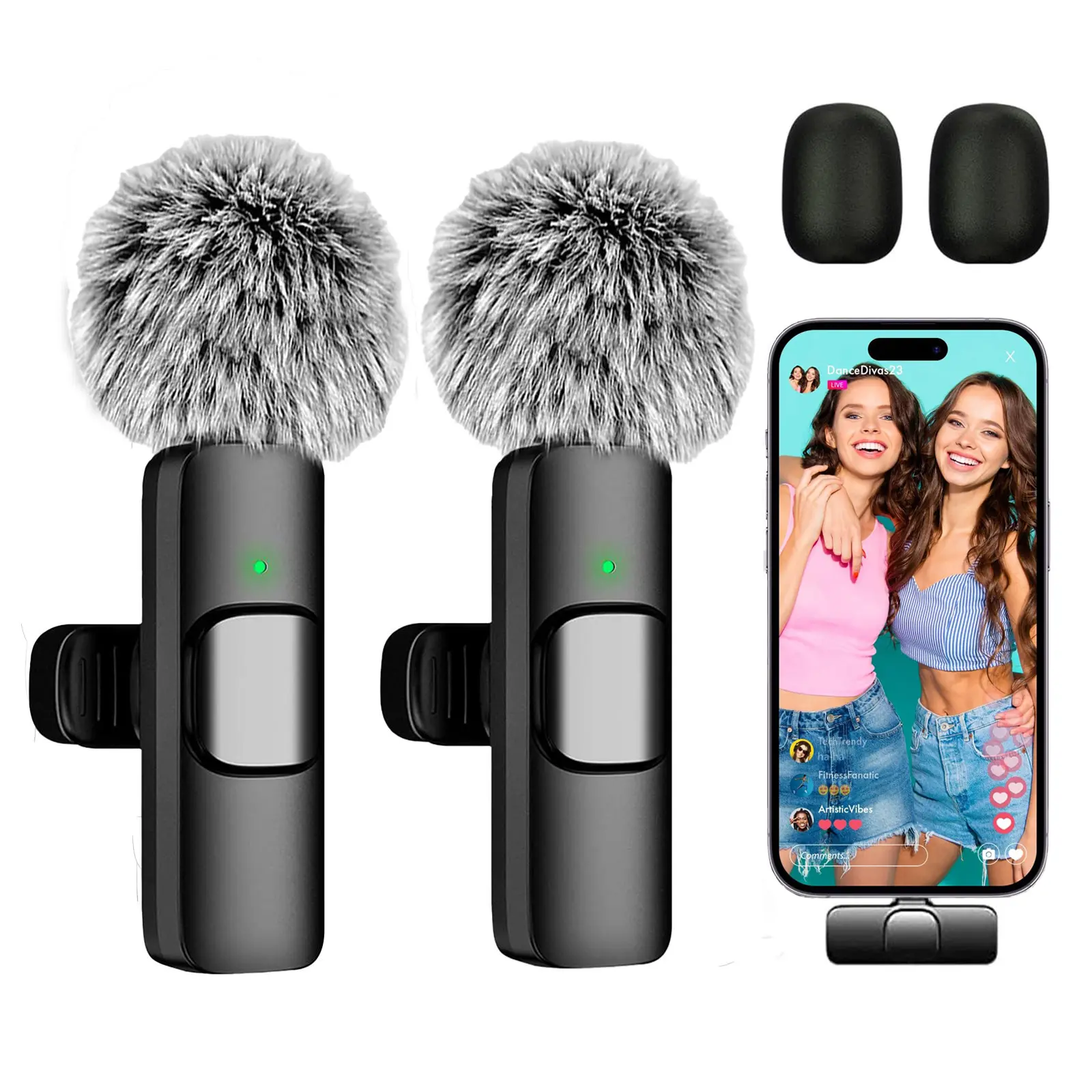 Tiktok,2 Pcs Professional Wireless Lavalier Lapel Microphone for IPhone, IPad - Cordless Omnidirectional Condenser Recording Mic for vlogging Interview Video Podcast Vlog,Smartphone Accessories Audio Wireless Lavalier Receiver live  streaming
