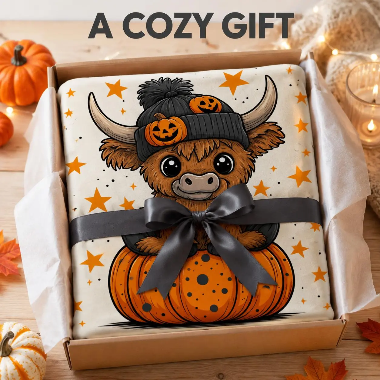 Highland Cow Flannel Fleece Blanket - Halloween Pumpkin Star Print, Ultra-Soft Lightweight Cozy Plush Throw, Autumn Sofa/Couch Bedding, Warm Gift | summerwins, summervibes, dealsforyou, midyearsale, restock, dealsforyoudays sohochic