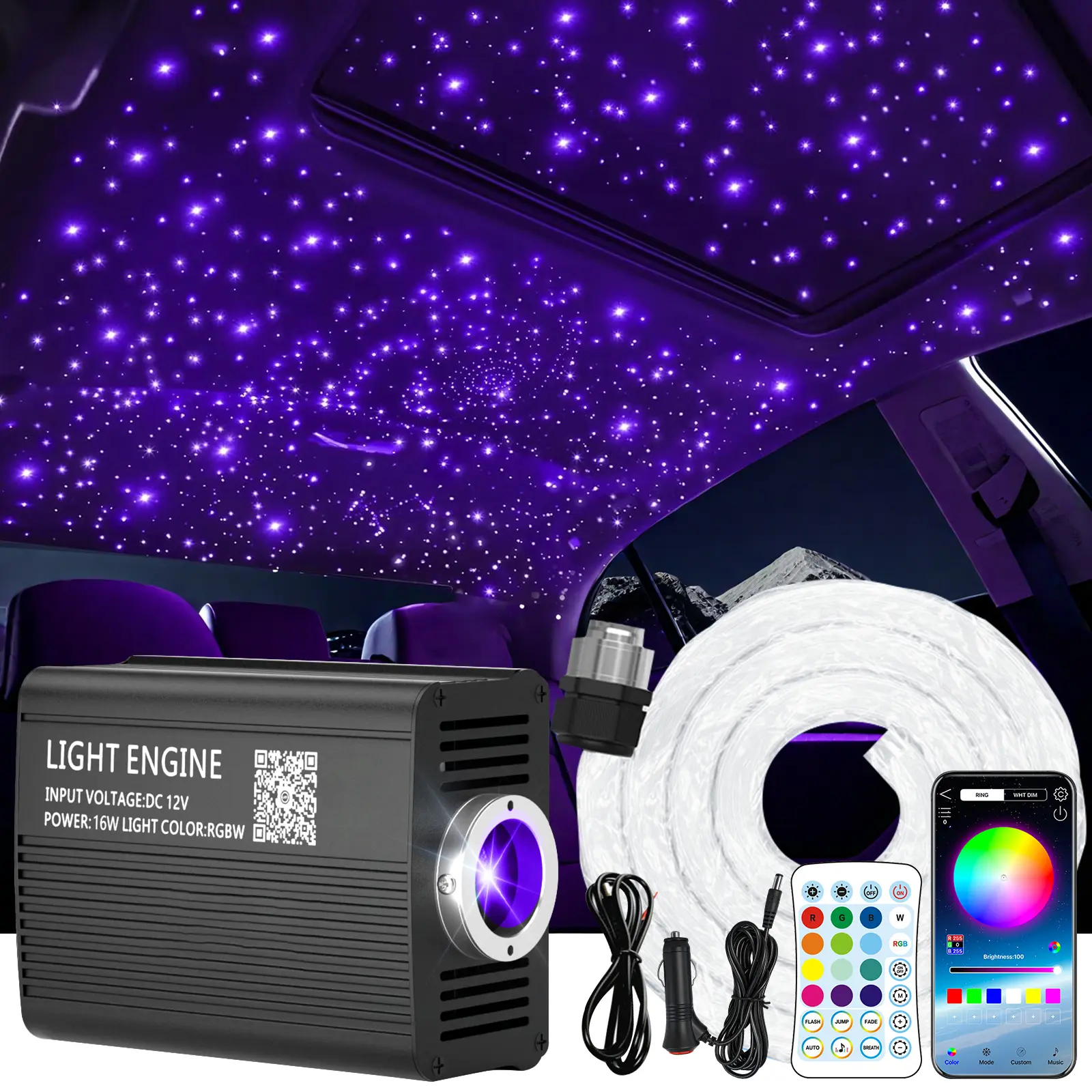 RGB Star Light Headliner Kit - 500/1000pcs Fiber Optic Lights for Car Roof, 16W/32W App/Remote Control, 6.5ft/9.8ft Twinkle Starlight Interior,Twinkle Fiber Optic Car