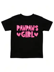 Girls Cotton Tee - Comfortable and Casual Crew Neck Short Sleeve Tee with Playful Lettering Print, Perfect for Summer"PAWPAW'S GIRI"