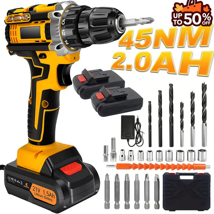 【DealsForYouDays】Cordless Drill Tool Set 21V Electric Power Drill with 2×2.0Ah Lithium-Ion Battery and Charger, 2-Speed Portable DIY & Home Toolbox Kit , Holiday gifts