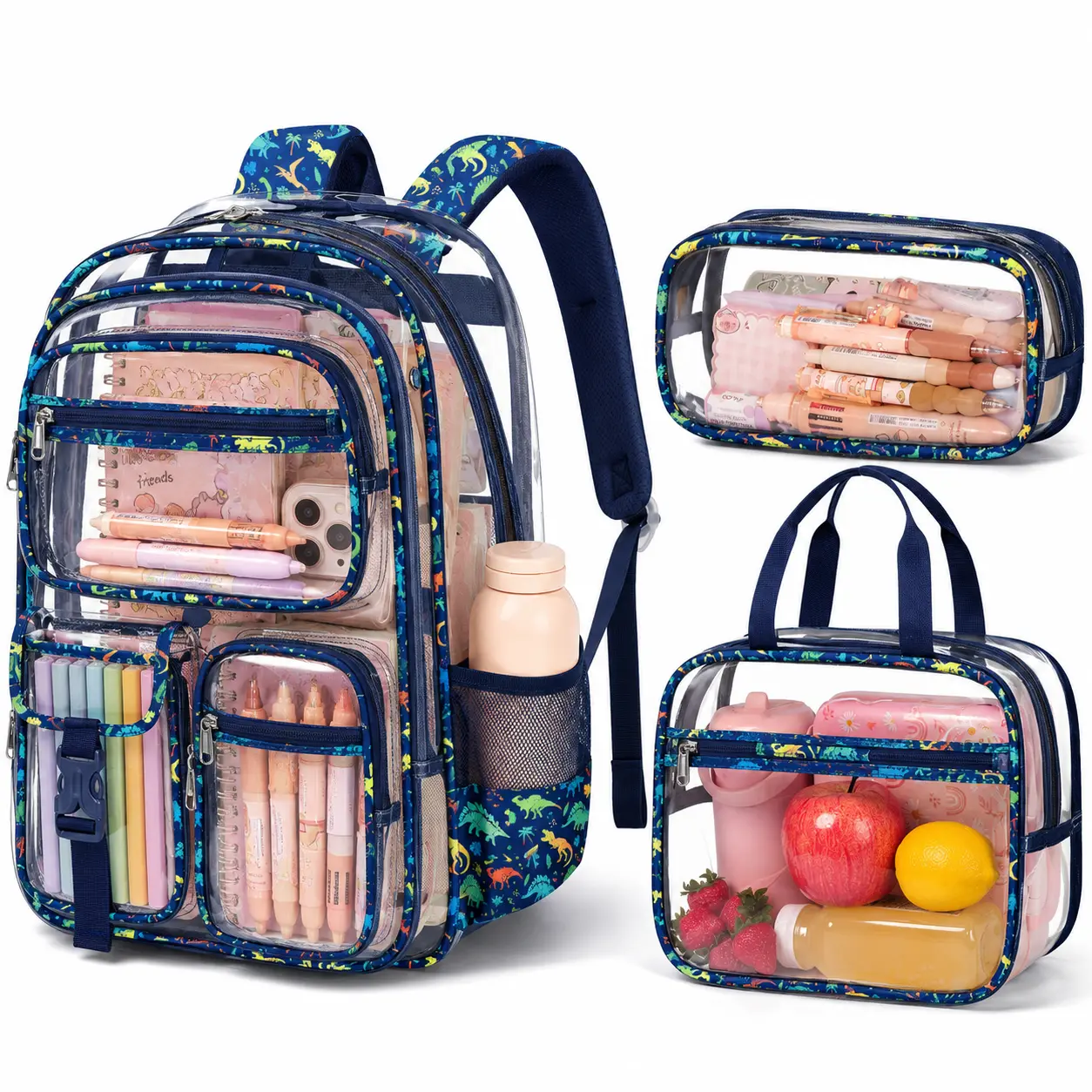 Fimibuke Waterproof Clear Backpack 3PCS Set with Lunch Box & Pencil Case – Lightweight School Backpack Stadium Approved for Elementary, Middle & High School Students TikTokShopBacktoSchool,back to school,back to school shopping,travel essentials