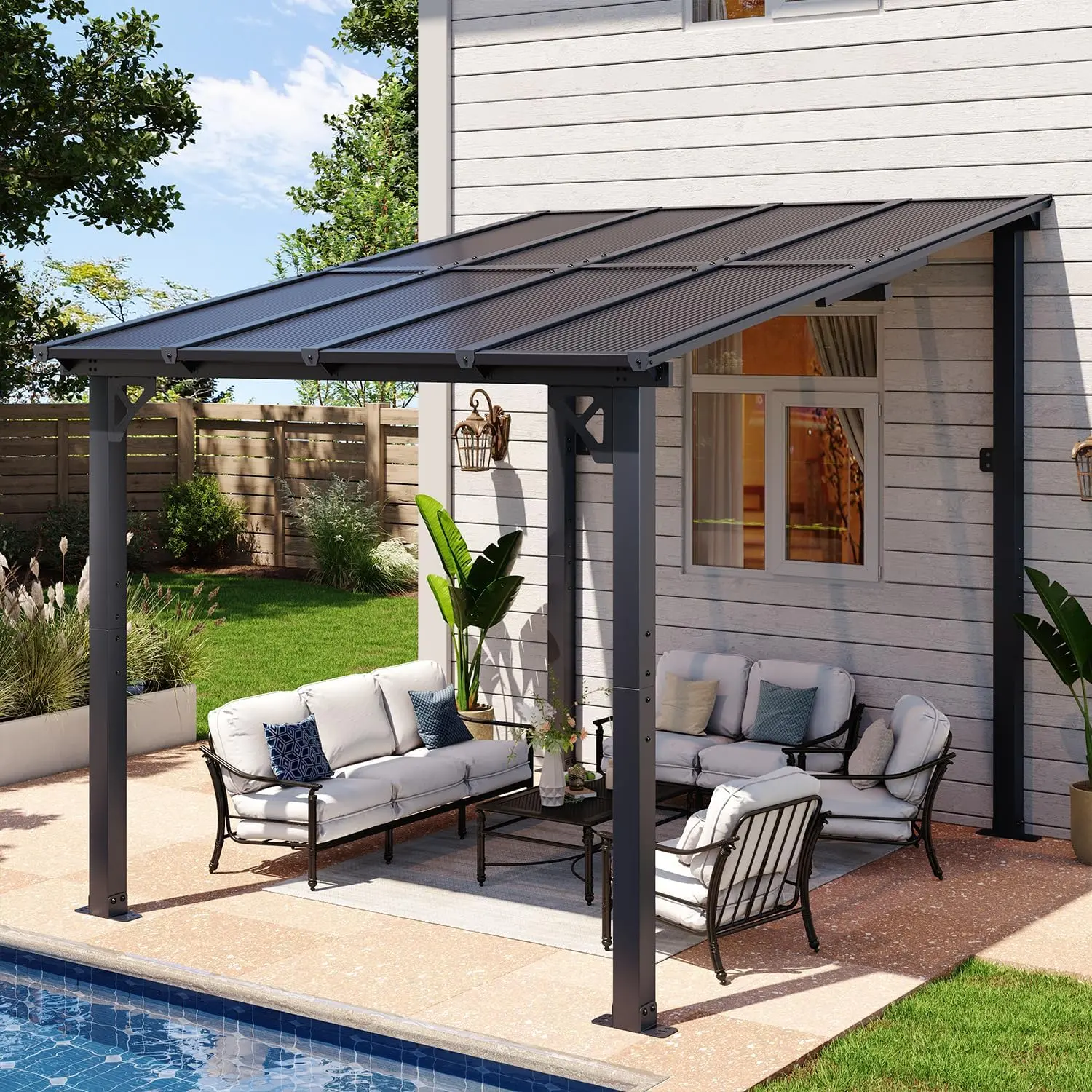 Aoxun Wall-Mounted Aluminum Roof Frame Pergola - Heavy-Duty Frame, Sun Shade Canopy, Outdoor Shade Canopy, Multi Sizes (8'x5'/8'x10'/12'x10'/14'x10'), Wallmount Stability for Backyard Deck, Patio, Ships in Multiple Packages