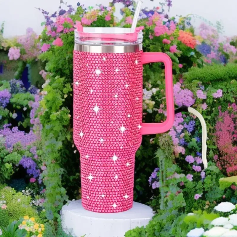 Rhinestone Decorated Stainless Steel Water Bottle Tumbler, 1 Count 40oz Vacuum Insulated Water Bottle with Straw & Handle, Insulated Travel Drinkware, Drinking Cup for Home Office School