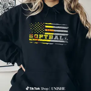 Patriotic Softball Hoodie – American Flag Print, Casual Long Sleeve for Summer Fans