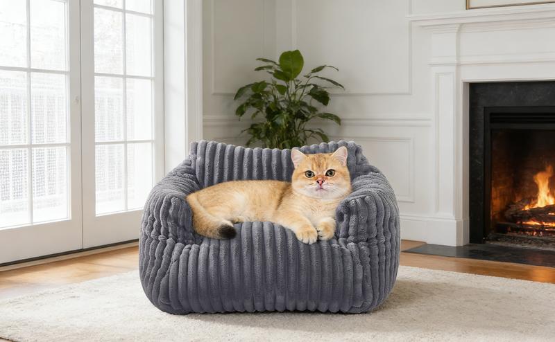 LIKIMIO Pet Couch Bed 24 & 30 Inch - Corduroy Fluffy Sofa for Cats & Small/Medium Dogs, Removable Washable Cover, Supportive Indoor Pet Furniture