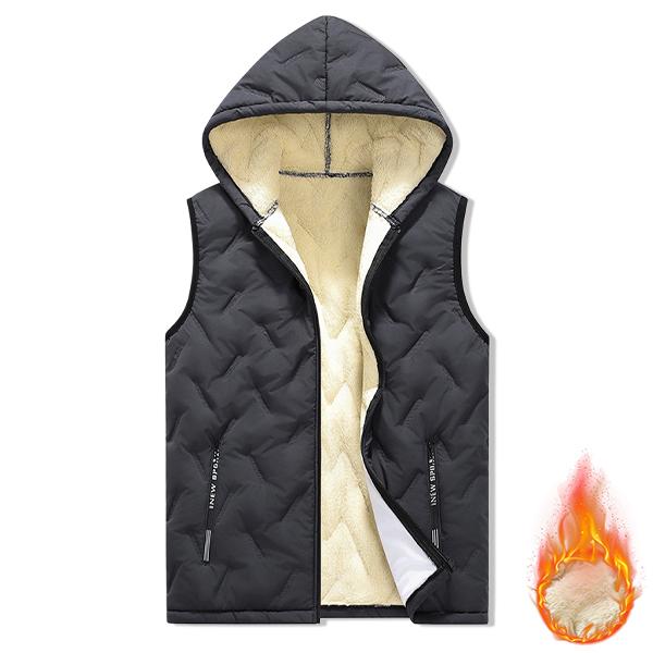 Men’s hooded sleeveless vest, thick fleece lining with stitched seams for heat retention, versatile vest-style design, a warm vest suitable for commuting, outdoor activities, and everyday wear.