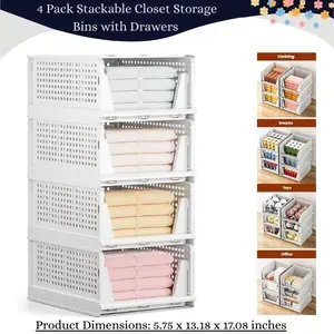 4 Pack Stackable Closet Storage Bins with Drawers – Plastic Basket Organizer Boxes for Bedroom, Kitchen, Bathroom, Office & Cupboard and perfect for gift