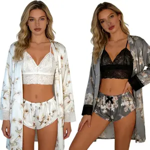 6PCS Women's Pajama Set Lace Pajama Lace Satin Printed Pajama [Outer Robe, Sexy Strap, Shorts] V-neck Design Home Clothes Pajama