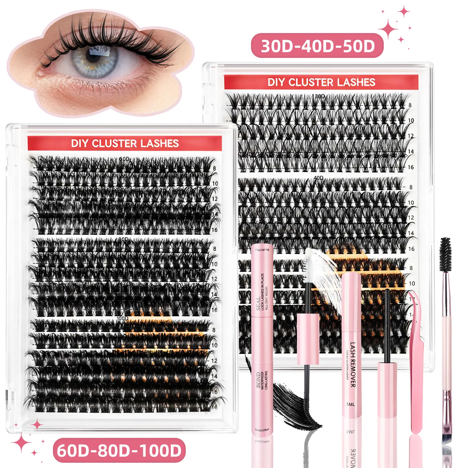 Lash Clusters Kit, 640 Pcs EyelashesWeekly DealsClusters Extensions Kit Individual LashesD Curl Fluffy Wispy False Eyelashes Thin Band withBond Seal Tweezers Brush DIY Natural Look ShortCat Eye Eyelashes Set (30D+40D+50D  60D-80D-100D Kit)
