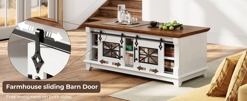 IRONCK 48'' Coffee Table with Sliding Barn Doors, Rustic Center Table with 6 Large Storage Space, Glass Doors and Adjustable Middle Shelf, Farmhouse Coffee Tables for Living Room