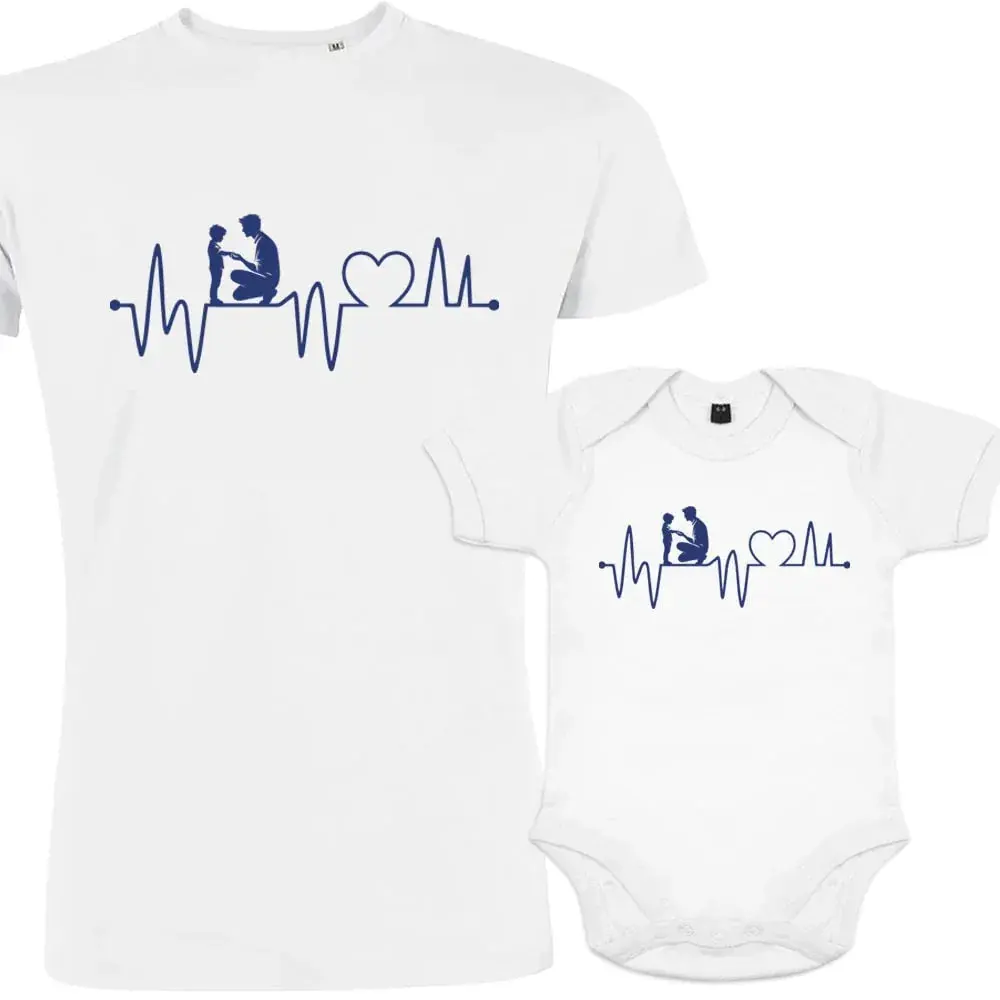 Dad and Baby Heartbeat Matching Organic Family Clothing Set, Short-Sleeve Onesie Clothes for Parent-Child Outfits, Casual