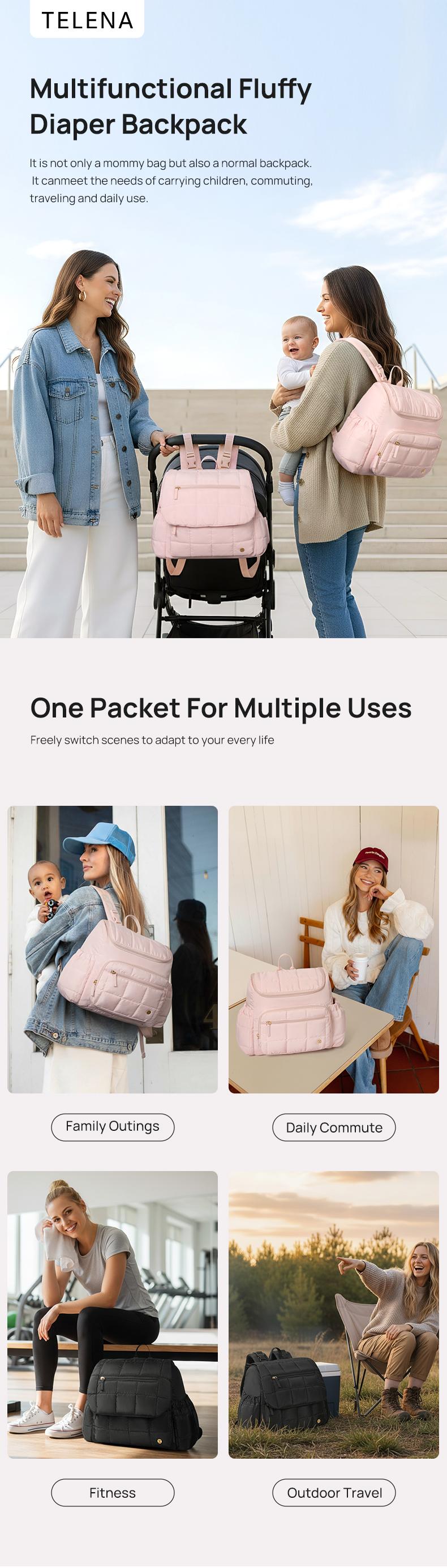 Telena Valentine's Day gift Soft Puffer Women’s Mini Diaper Backpack Large Open Top for Easy Grab, Baby Travel Bag with Changing Pad, hospital bag for mom,Comfortable shoulder straps,Insulated Pockets & Stroller Straps Christmas gifts  Holiday gifts