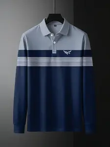 Men's digital printed round neck long sleeved POLO quick drying breathable polyester fiber material, color blocked stripes, regular style, lightweight and comfortable, suitable for casual wear