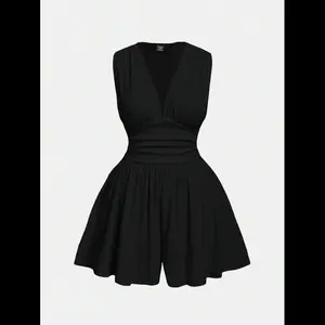 Plus Size V-Neck Cropped Waist Wide-Leg Black Romper