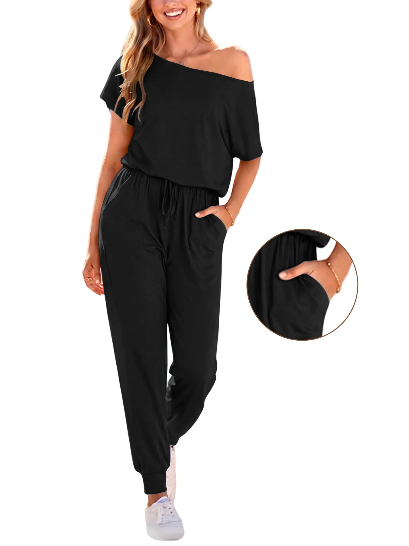 Women’s off-the-shoulder jumpsuit | Casual romper with elastic drawstring waist | Soft, comfortable one-piece jogger outfit with pockets