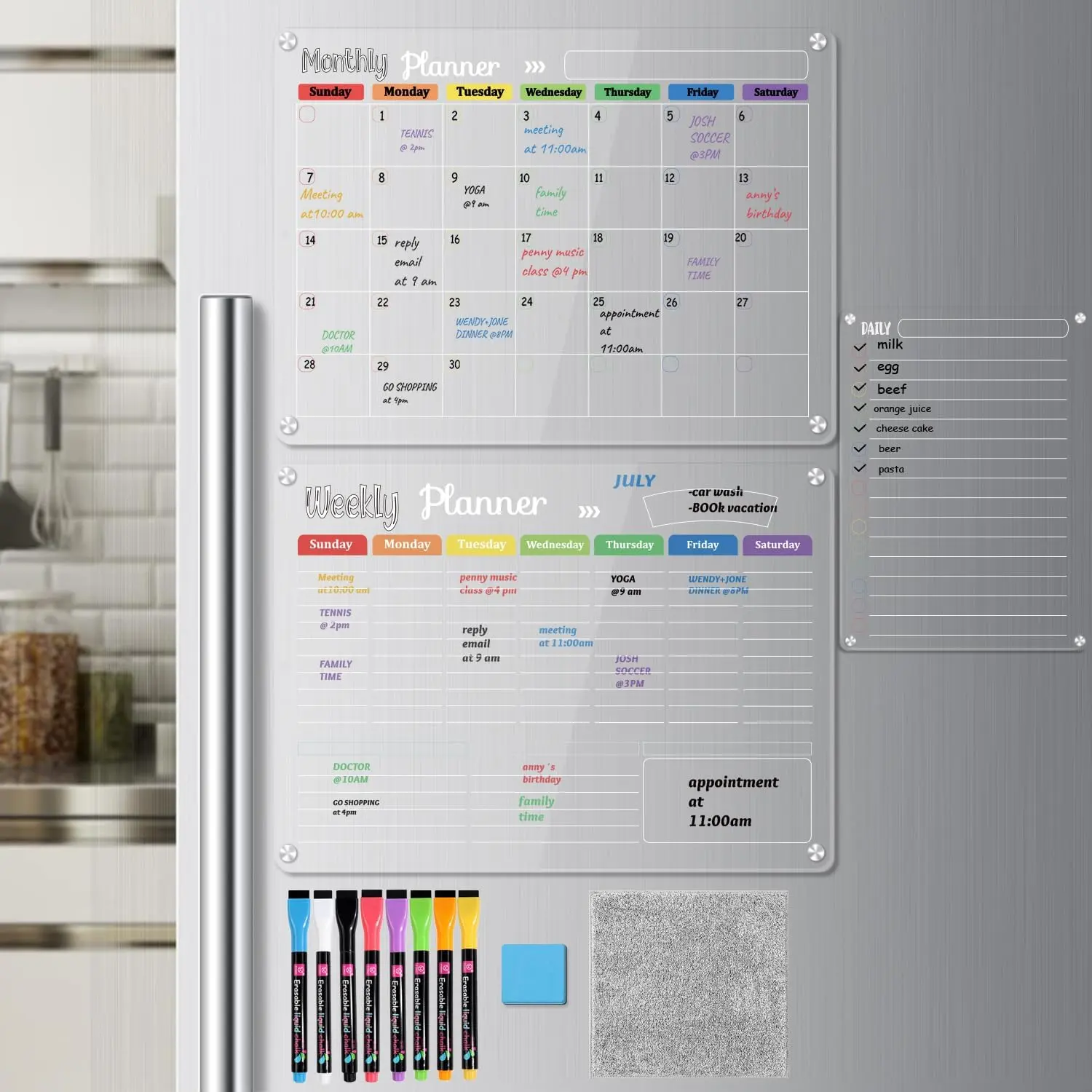 Hivillexun 3-Pack Modern Acrylic Magnetic Dry Erase Boards Set - 16.5x11.8" Calendar & Family Planner, Easy Write & Erase, Scratch-Resistant Surface, Strong Magnetic Hold, Stays Put on Metal, Fits Most Refrigerators, Office Time Management