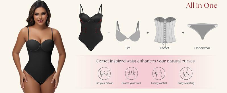 SHAPSHE Strapless Shapewear Corset Bodysuit Tops for Women Tummy Control V Neck Thong Body Shaper with Bra Going Out Outfits