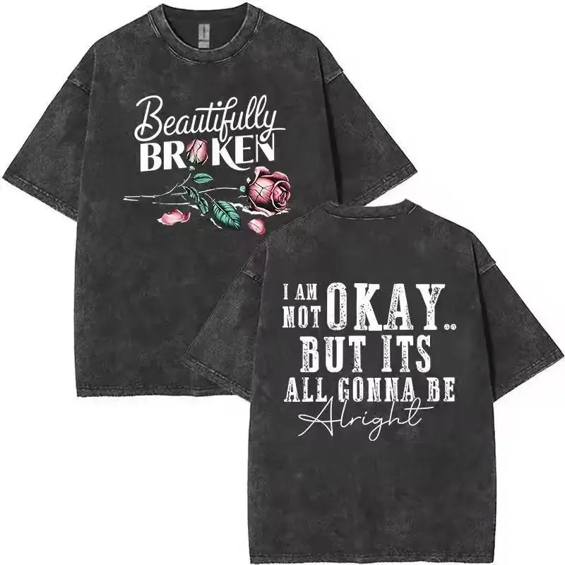 Women's Retro Soft Short-Sleeve Casual Vintage Washed Cotton T-Shirt - Beautifully Broken Tour, I Am Not Okay, Son of A Sinner Graphic Top for Summer, Shortsleeve, Tshirt, Message Print, Heavyweight
