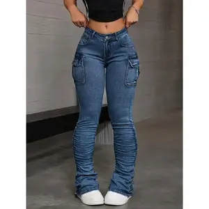 Multi-color Optional Stretch Casual Foot Pile Design Jeans, New 2026, Including Stretch Denim Pants, Mid-waist Hip Lift Pants, Fashion Joints Retro Style, Four Seasons Can Be Worn, Denim Pants