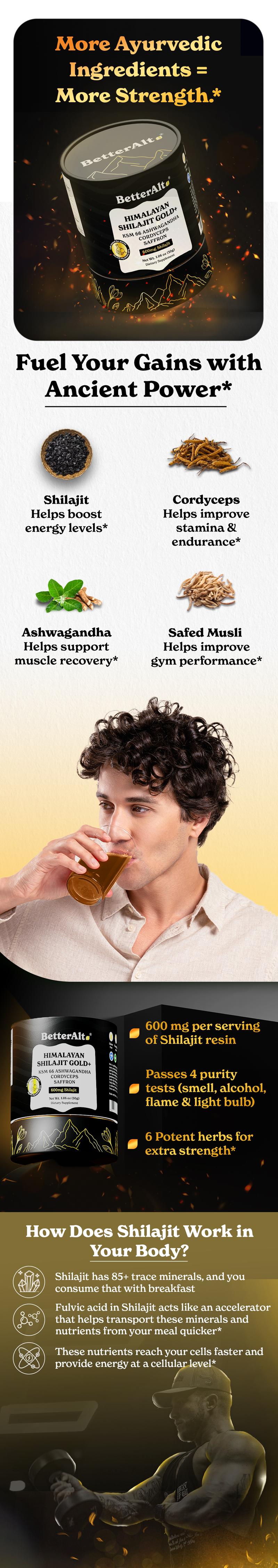 BetterAlt Cordyceps Shilajit Resin | with KSM-66 Ashwagandha, Safed Musli | Lab-tested | Pre-Workout for Muscle Recovery, Performance | 75 Sevings BetterAlt Cordyceps Shilajit Resin | with KSM-66 Ashwagandha, Safed Musli | Lab-tested | Pre-Workout for Muscle Recovery, Performance | 75 Sevings