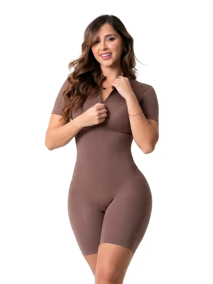 Fajas Salome 5502  | Zip Up Workout Bodysuit Women Short Sleeve | One Piece Active Romper Front Zipper | Tummy Control Compression | Anti-Chafing Gym to Street — Made in Colombia