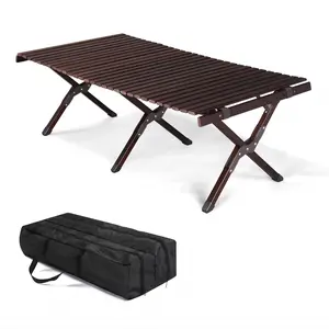 Portable Roll Up Camping Table, Wooden Outdoor Folding Table for Picnic Camping Use