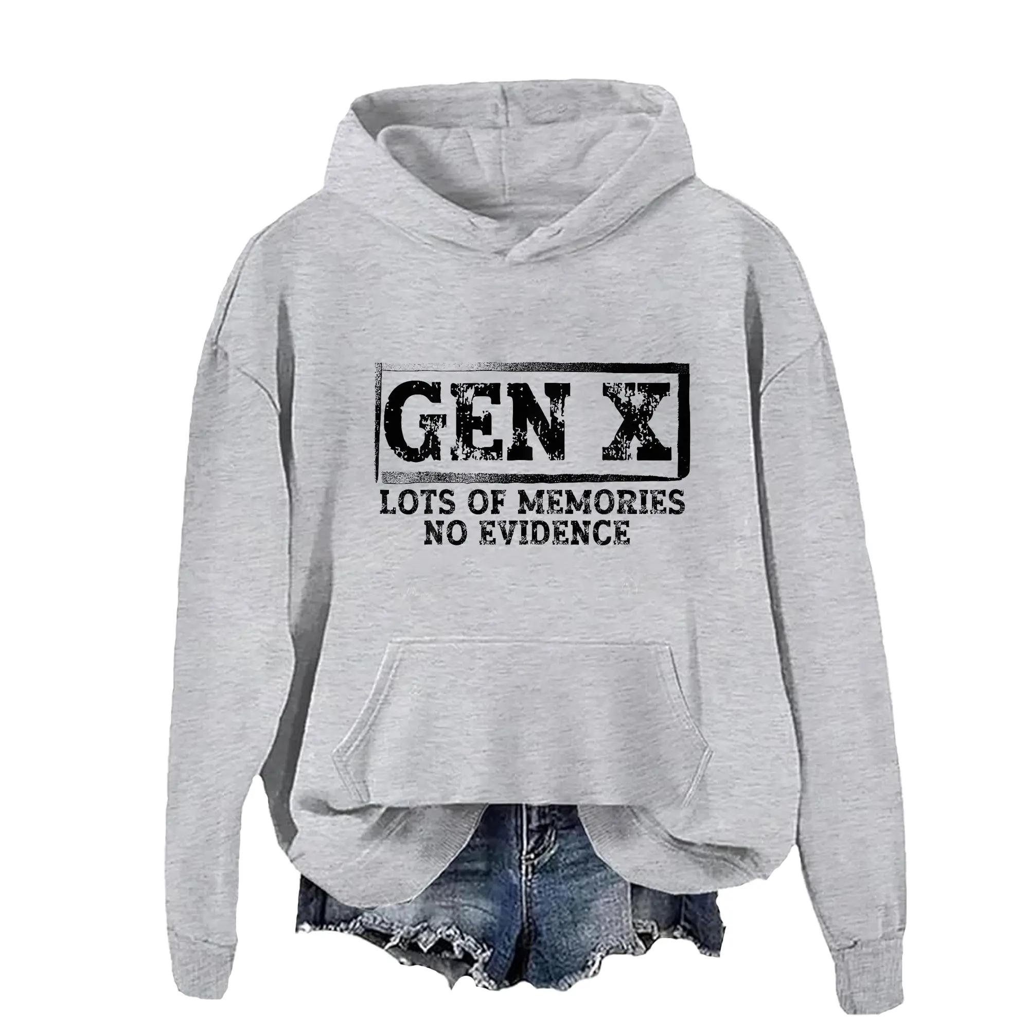 Women's Unisex Gen X Pullover Hoodie - "Lots of Memories No Evidence" Funny Digital Print, Casual Cotton Crew Neck Long Sleeve Fleece Sweatshirt with Pocket, Soft Loose-Fit Stretch Top for All Seasons, Coffee Dates, Stylish Jet Color