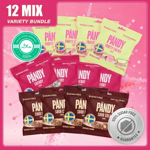 Pändy Sugar Free Swedish Candy Variety Pack - Sour Cola, Sour Cherry, Fruity Chews - 100 Calories per Bag - Healthy Snacks for Kids & Adults