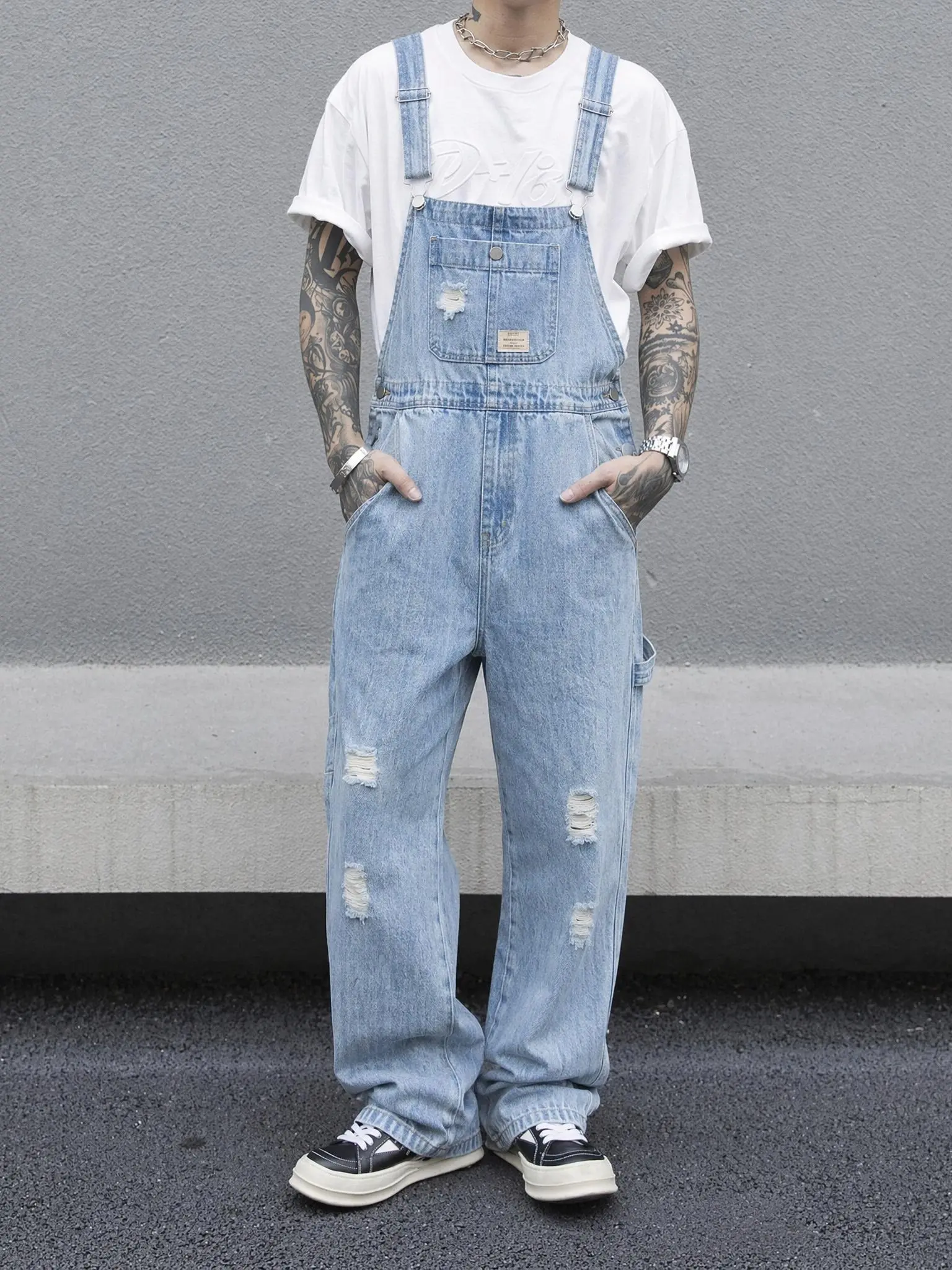Men's Loose Fit Denim Overalls,Light Blue Wide Leg Ripped Dungarees,Y2K Streetwear Distressed Workwear Bib Trousers,Summer Casual Skater Jumpsuit Baggy Cotton